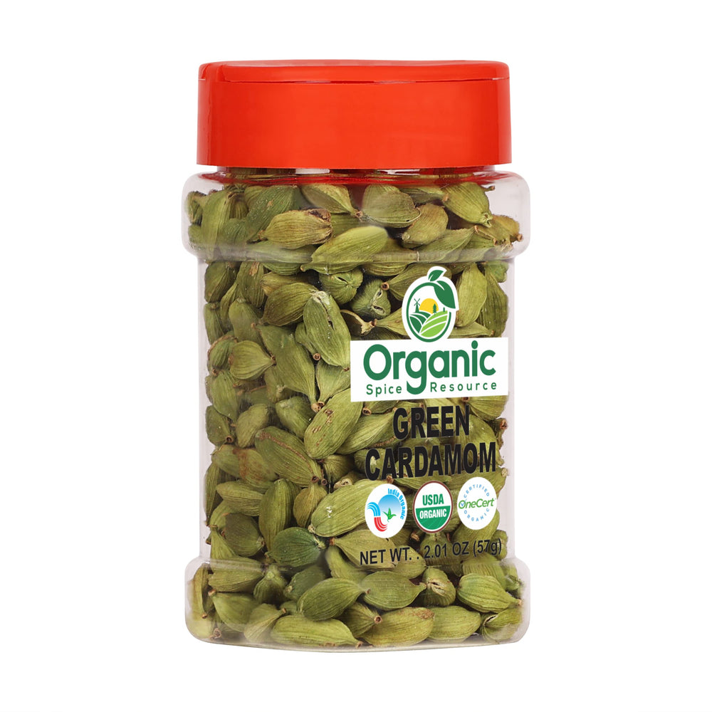 Organic Spice Resource cardamom pods shown whole, perfect for tea infusion and fragrant desserts.