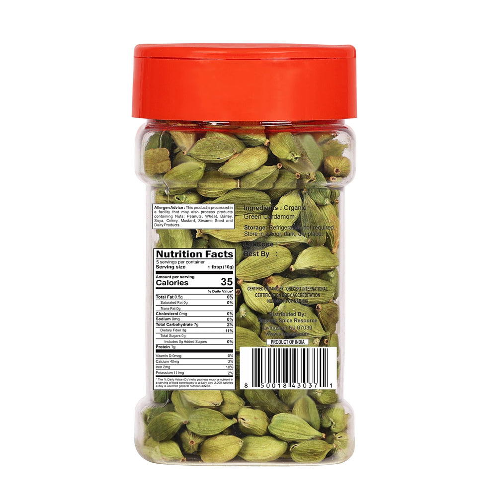 Organic Spice Resource cardamom pods, whole and premium, ideal for spice blends and baking.