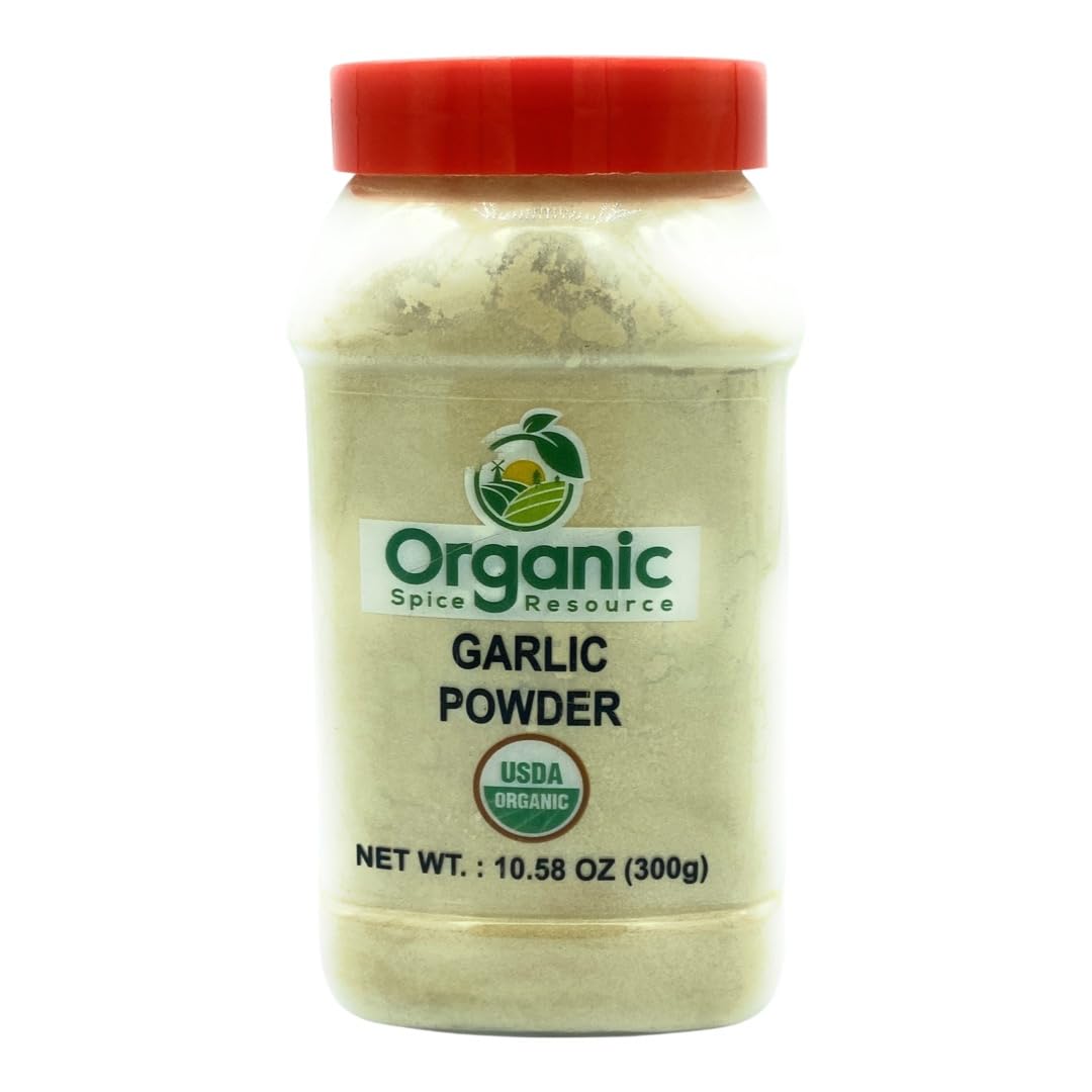 Organic Spice Resource garlic powder close-up shows fine, blendable powder texture.