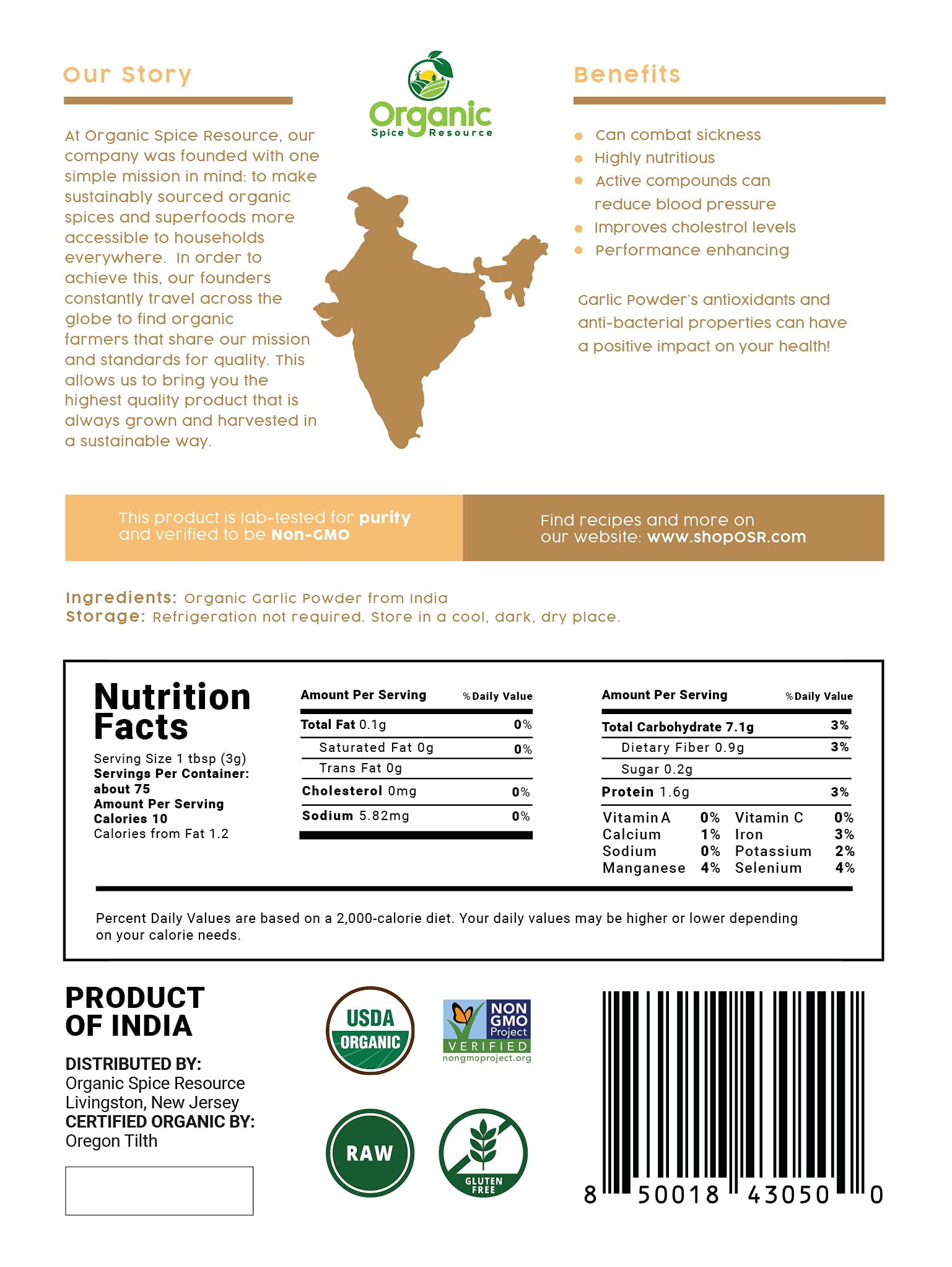 Organic Spice Resource garlic powder resealable kraft bag preserves aroma.