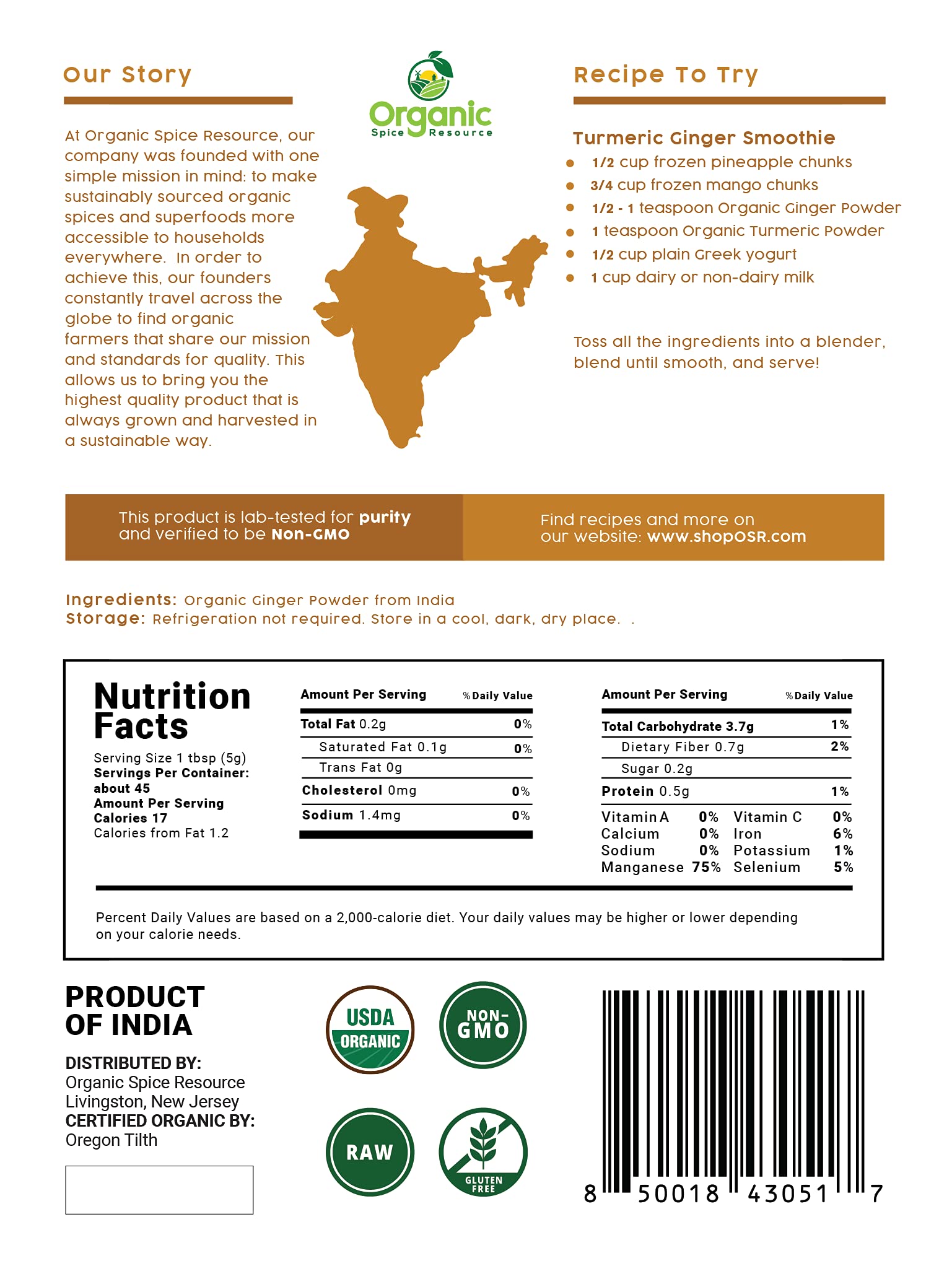 Organic Spice Resource Ginger Powder label closeup highlights organic, non-GMO credentials for mindful use