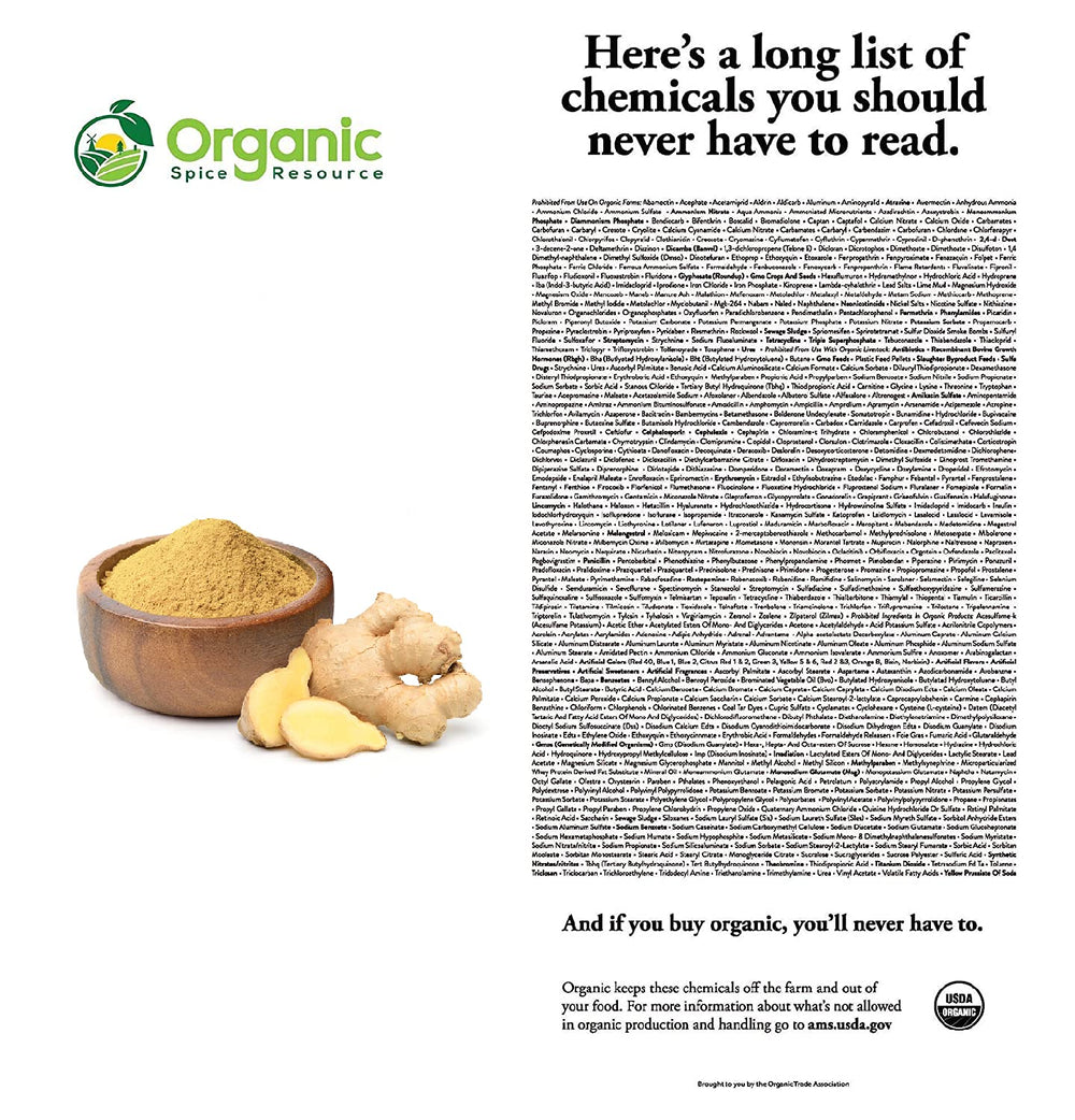 Organic Spice Resource Ginger Powder dispense-pour image shows convenient resealable packaging
