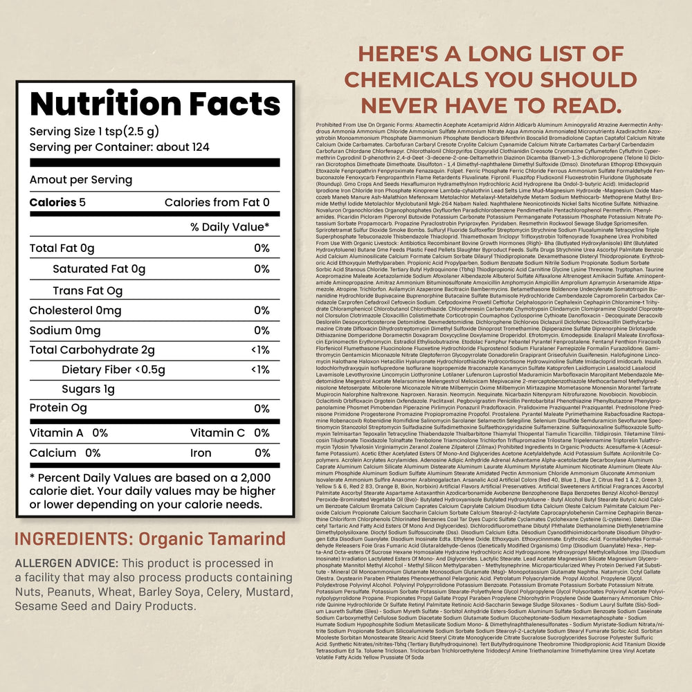 Organic Spice Resource tamarind paste glass jar back-label highlights USDA Organic certification and non-GMO status.