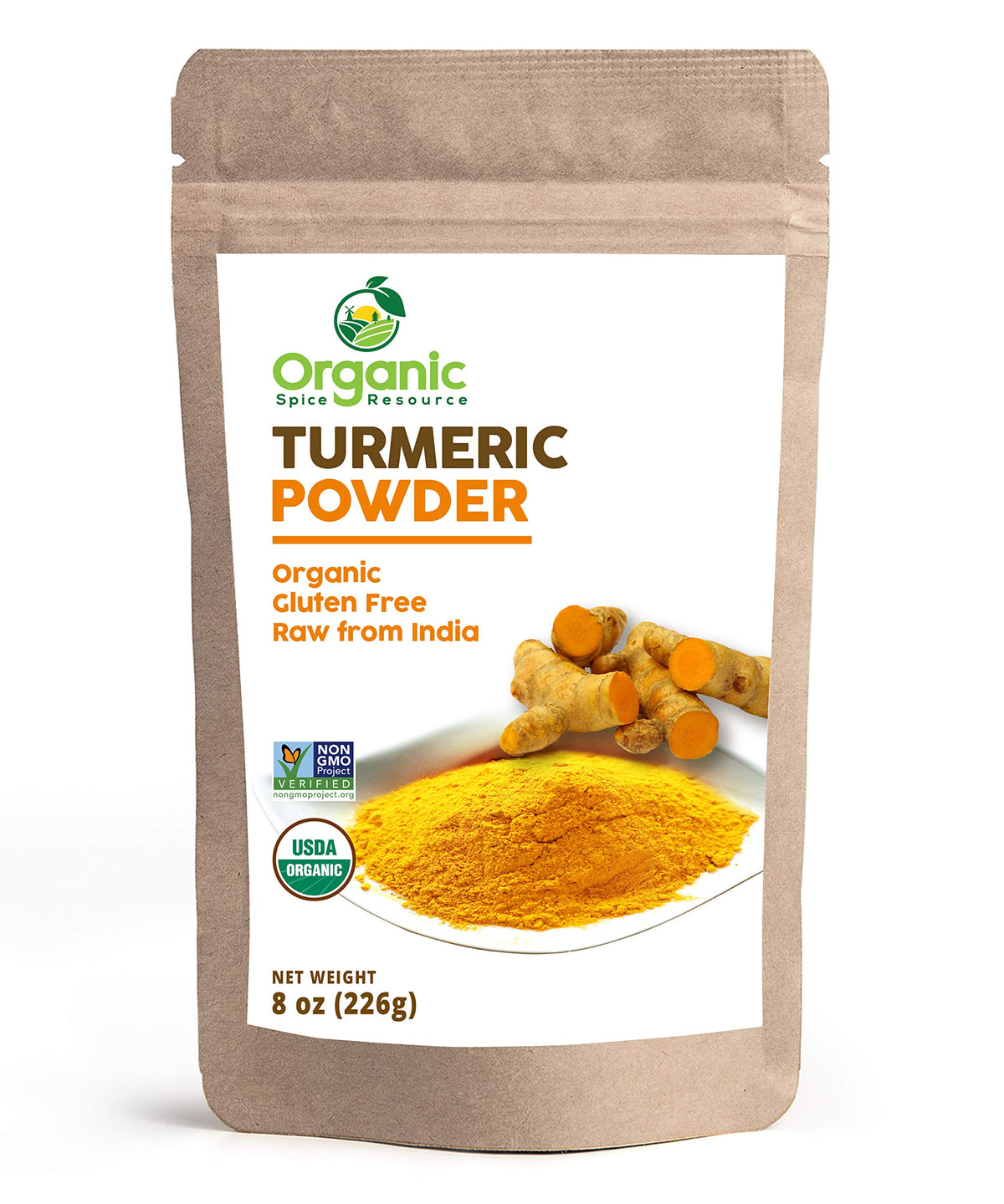 Organic Spice Resource turmeric powder in resealable kraft bag preserves freshness for cooking