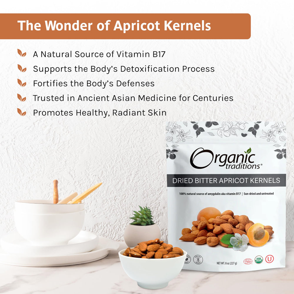 Organic Traditions apricot kernels label detail highlighting origin and organic claim.