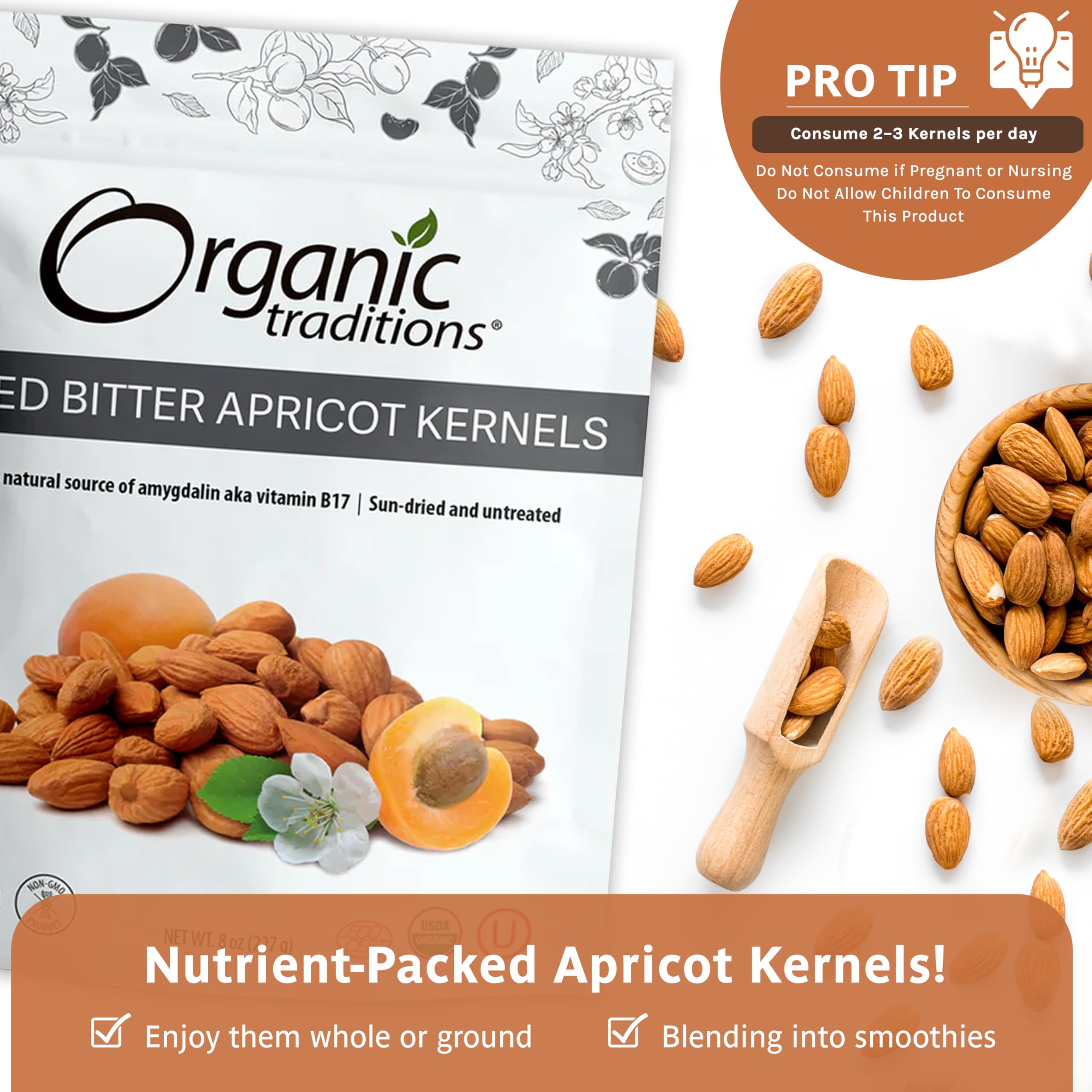 Organic Traditions apricot kernels on shelf at store.