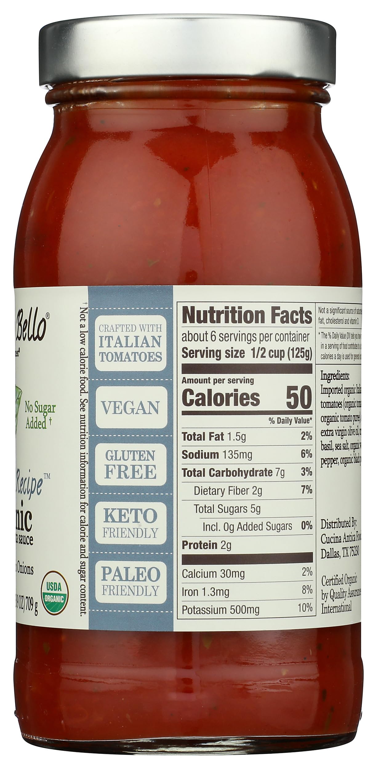 Organico Bello glass jar on shelf conveys premium organic sauce.