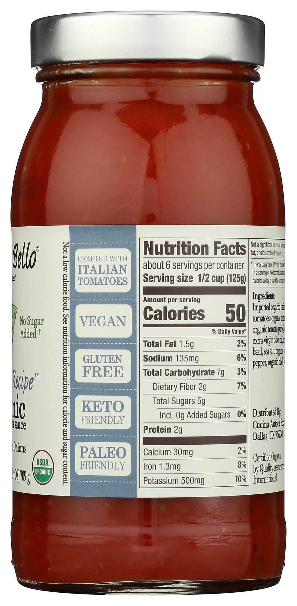 Organico Bello glass jar on shelf conveys premium organic sauce.