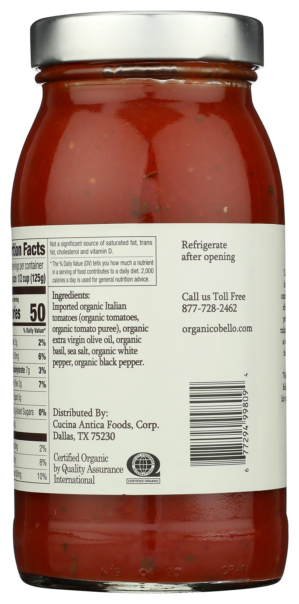 Organico Bello label close-up emphasizing organic and gluten-free promise.