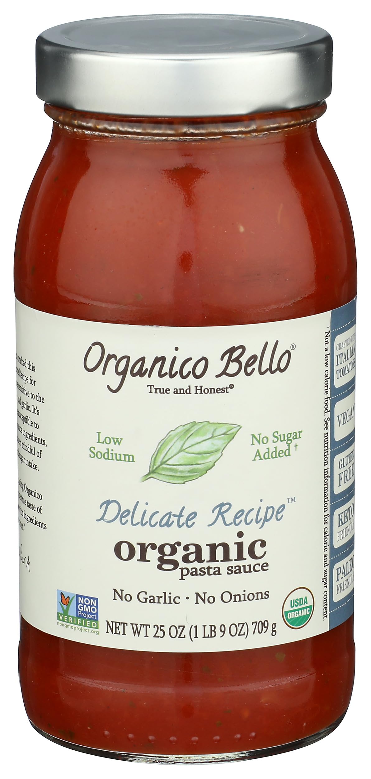 Organico Bello Organic Delicate Recipe Pasta Sauce jar close-up showing organic quality for weeknight meals.