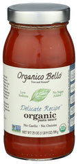 Organico Bello Organic Delicate Recipe Pasta Sauce jar close-up showing organic quality for weeknight meals.