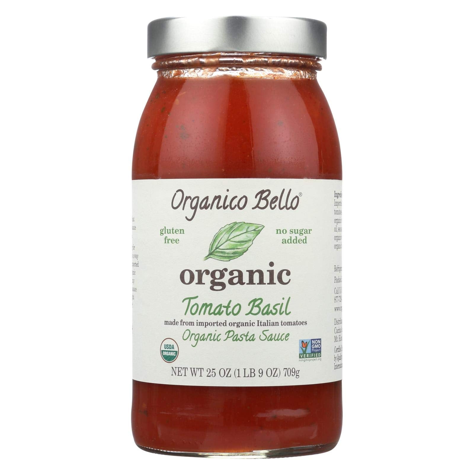 Organico Bello Tomato Basil sauce bottle, ready for quick weeknight dinners.