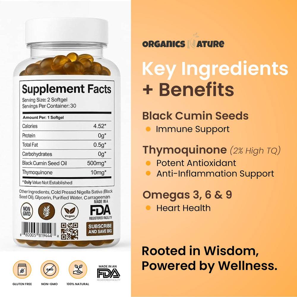 Organics Nature Nigella Sativa capsules, vegan and non-GMO.