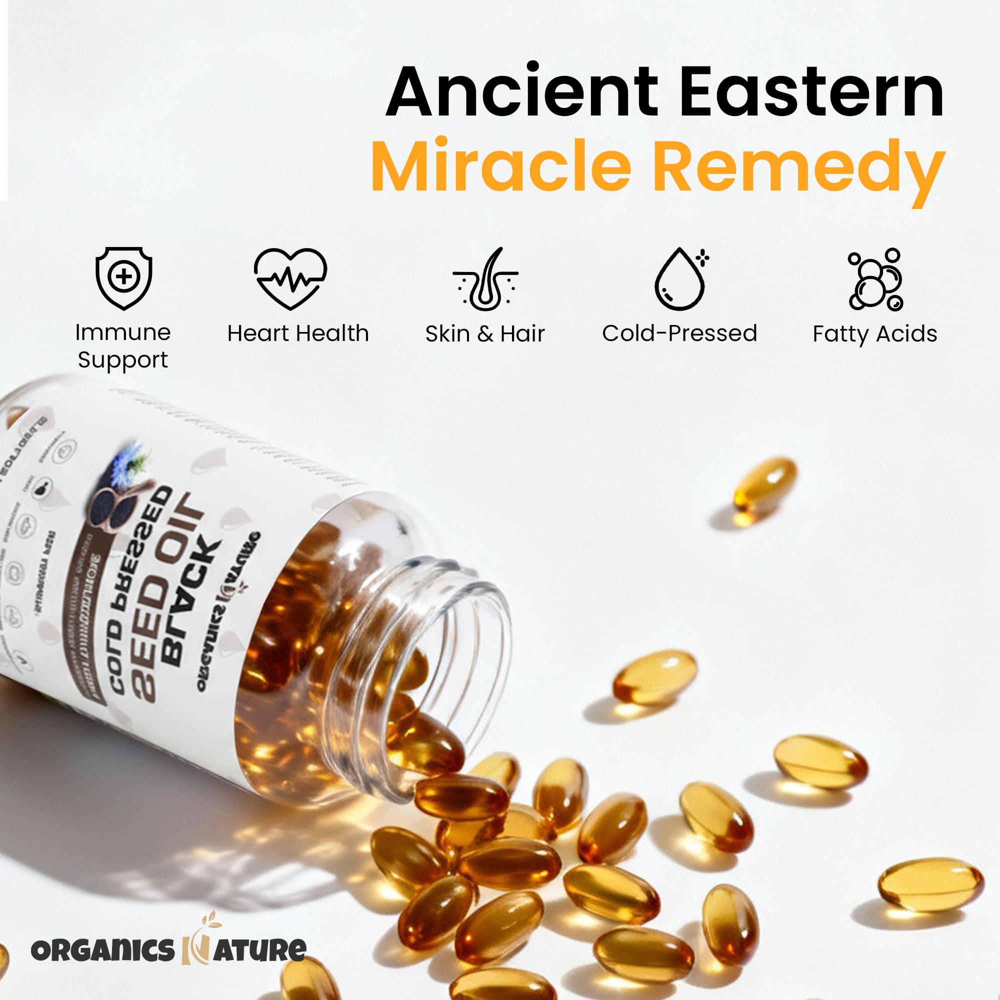 Organics Nature Omega-3-6-9 softgels for balanced fats in daily nutrition.