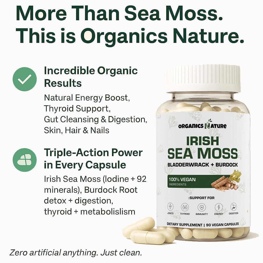 Organics Nature sea moss bottle on wood surface for everyday energy support