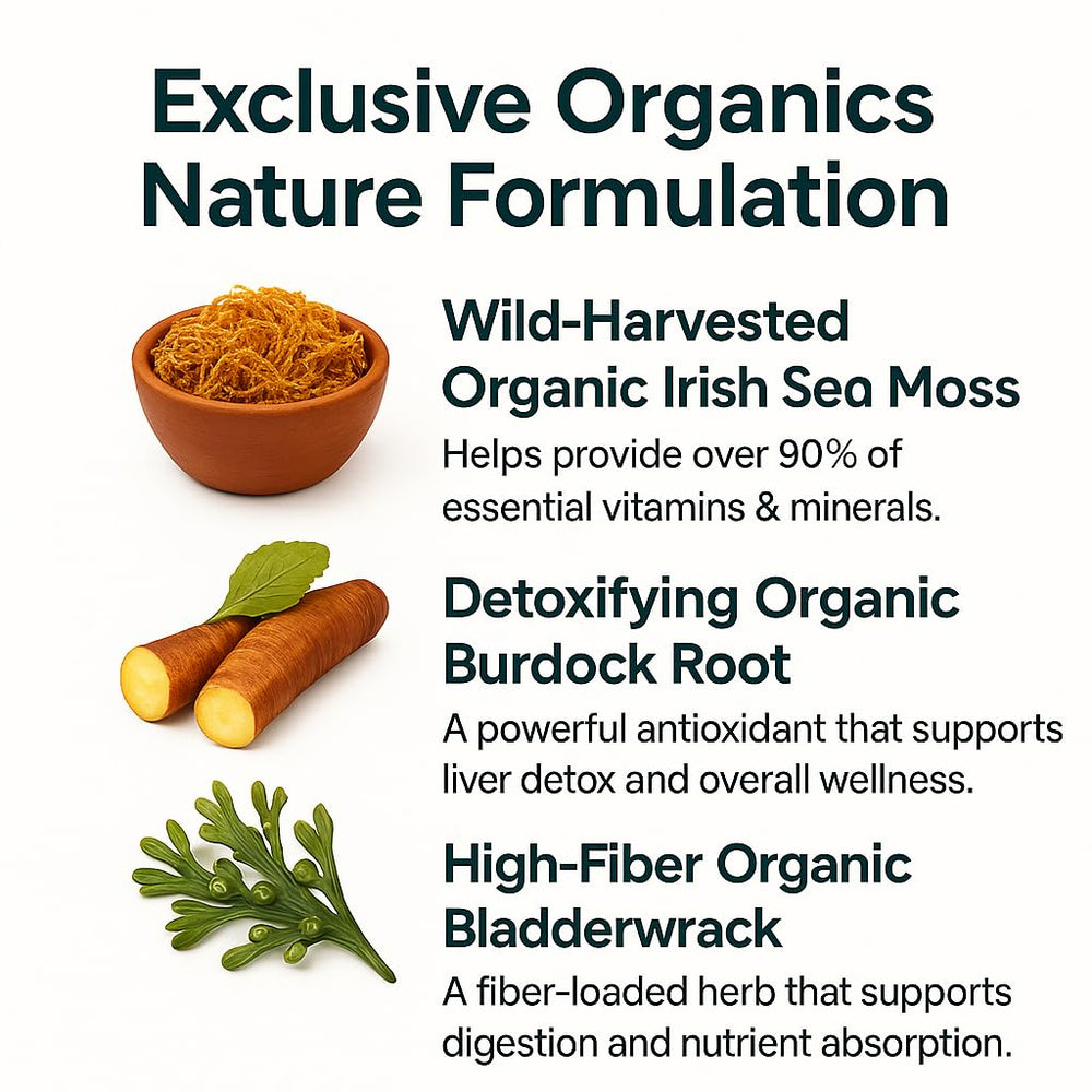Organics Nature Sea Moss label detail highlighting minerals and ingredients