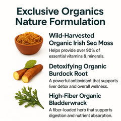 Organics Nature Sea Moss label detail highlighting minerals and ingredients