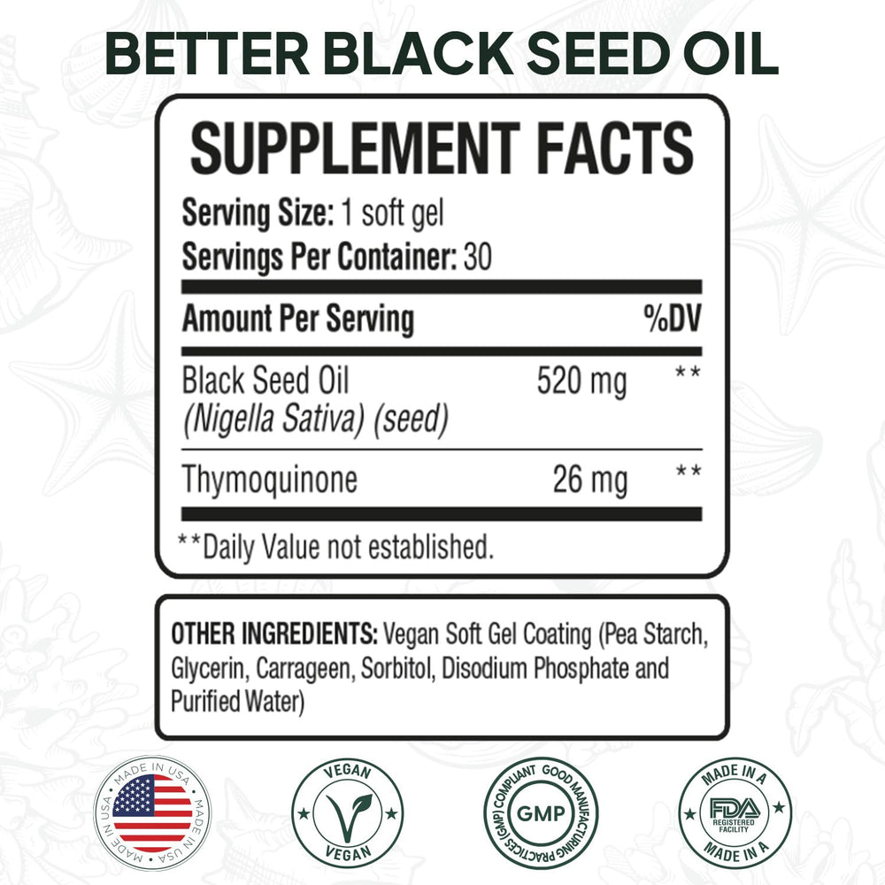 Organics Ocean Better Black Seed Oil capsules close-up highlighting potency