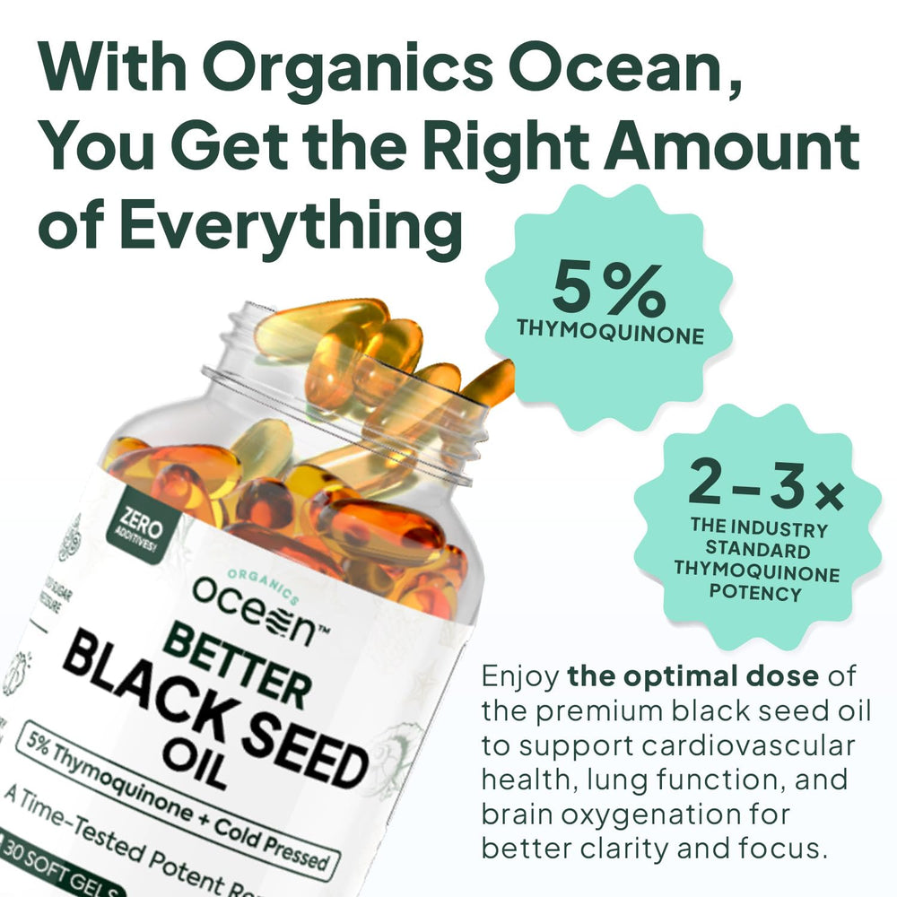 Organics Ocean Better Black Seed Oil label emphasizing pure, additive-free formula
