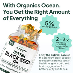 Organics Ocean Better Black Seed Oil label emphasizing pure, additive-free formula