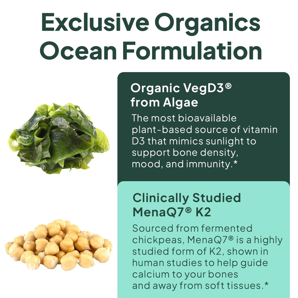 Organics Ocean packaging front shows 30-day vegan supplement