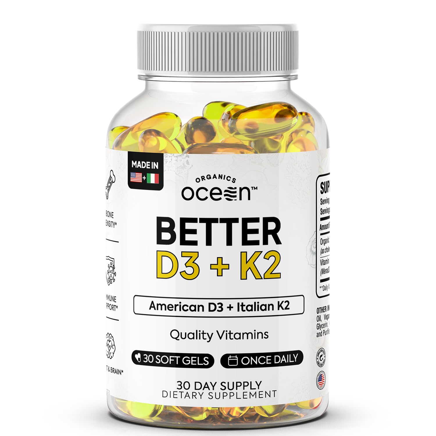 Organics Ocean Better D3 + K2 softgel bottle for daily bone support