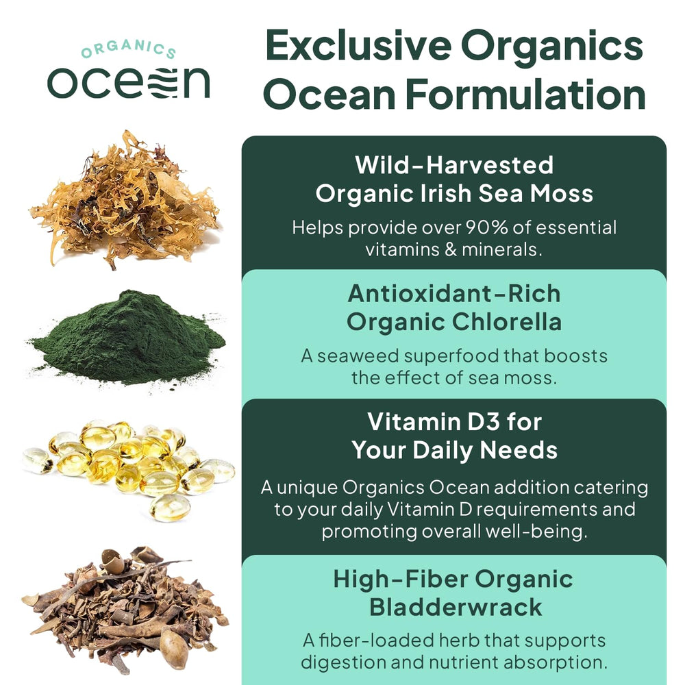 Organics Ocean bottle label detail blends bladderwrack and chlorella for minerals.