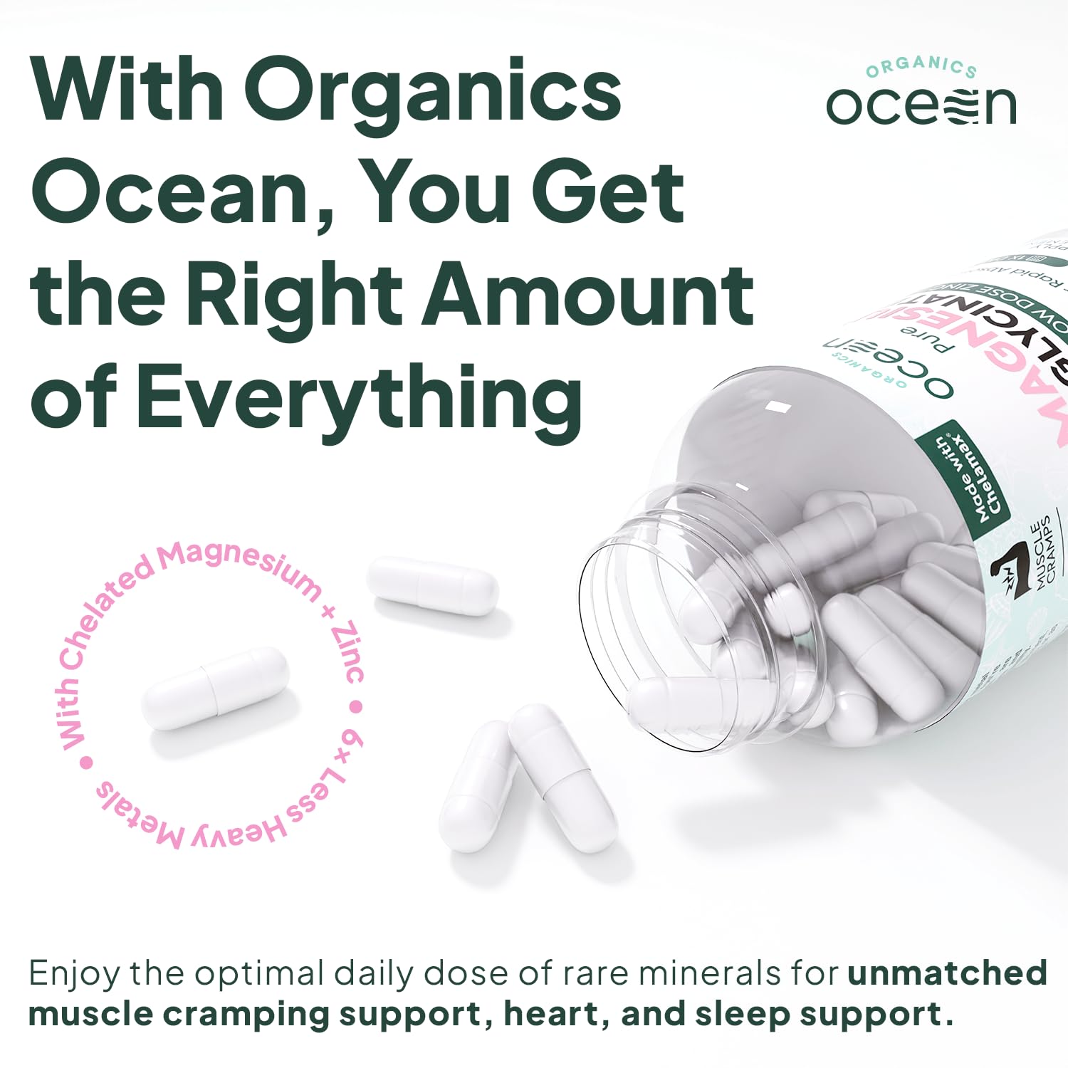 Organics Ocean Magnesium Zinc capsules ready for intake, supporting muscle function and sleep.