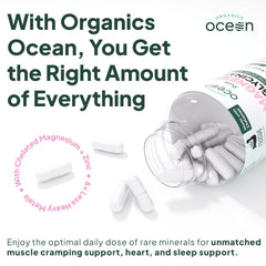Organics Ocean Magnesium Zinc capsules ready for intake, supporting muscle function and sleep.