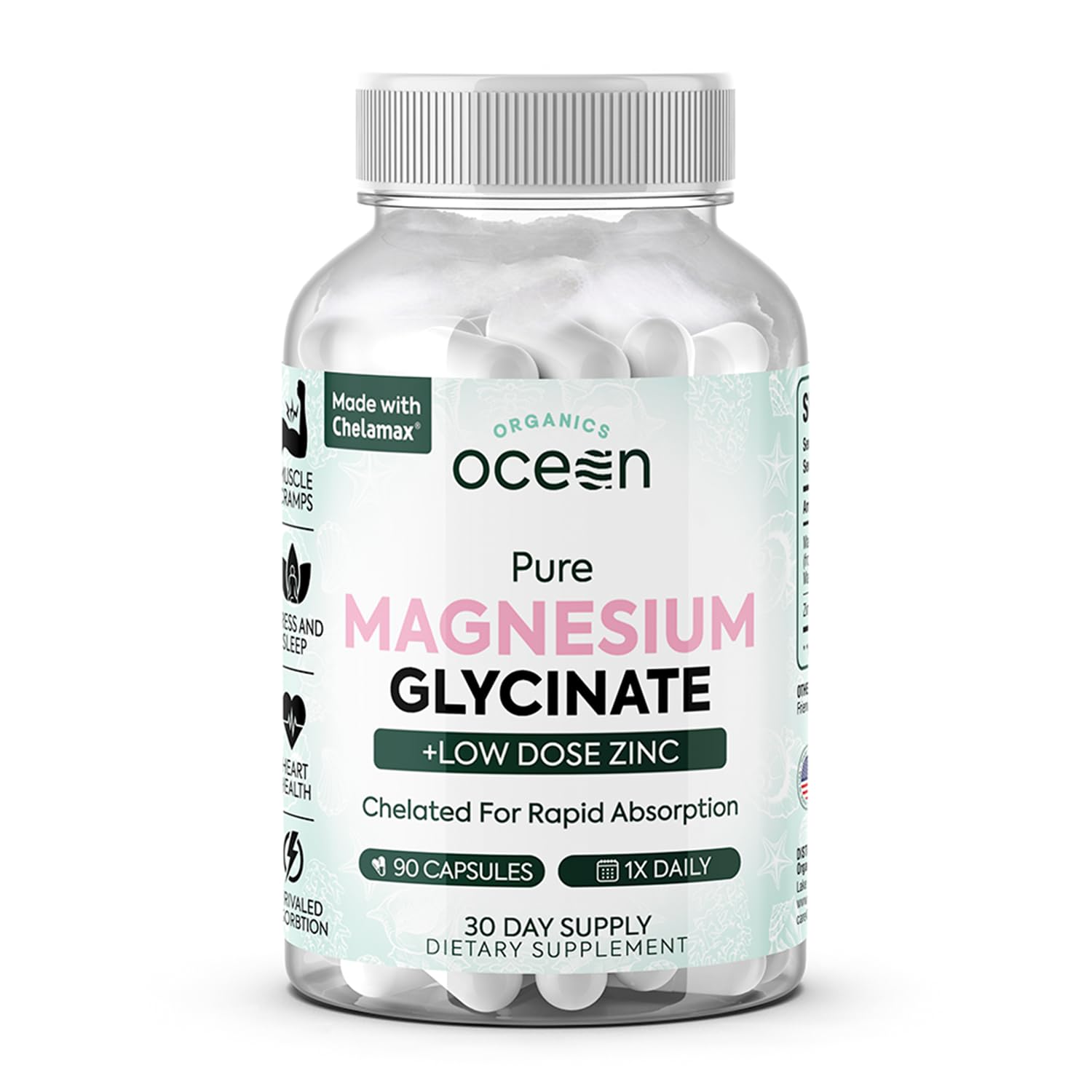 Organics Ocean Pure Magnesium Glycinate bottle promotes daily support.