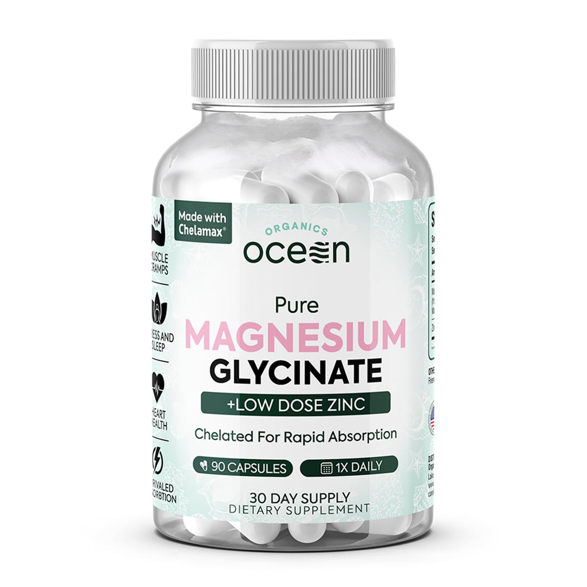 Organics Ocean Pure Magnesium Glycinate bottle promotes daily support.
