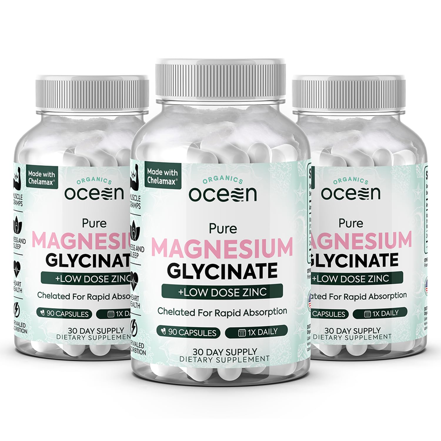 Organics Ocean Magnesium Glycinate with Zinc capsules on white background, supports absorption and daily wellness.