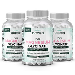 Organics Ocean Magnesium Glycinate with Zinc capsules on white background, supports absorption and daily wellness.