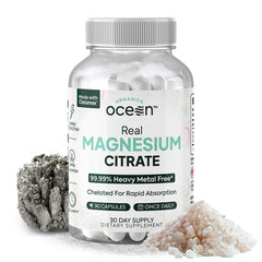 Organics Ocean Real Magnesium Citrate bottle on counter for daily energy support