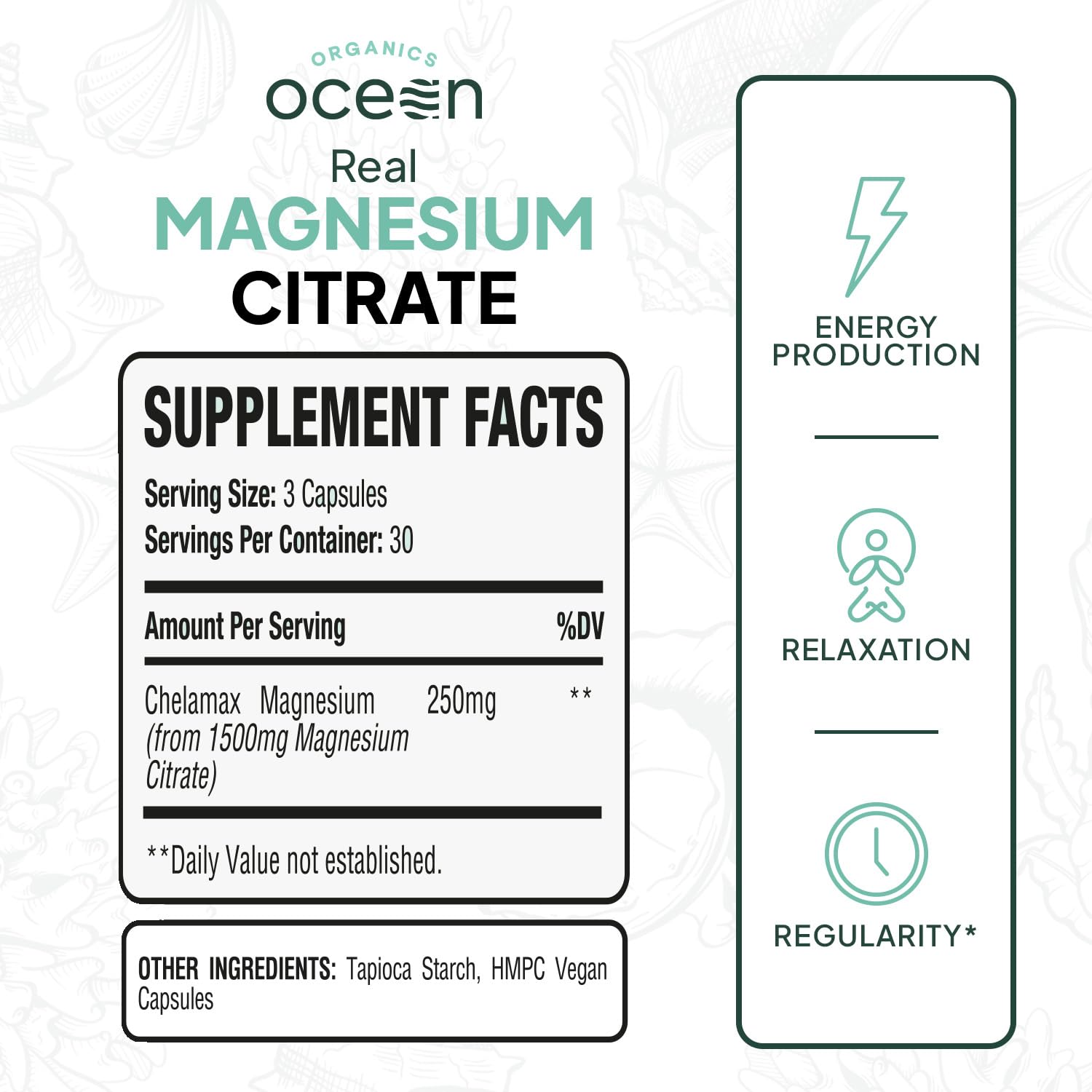 Organics Ocean Real Magnesium Citrate capsules pouring, symbolizing rapid absorption