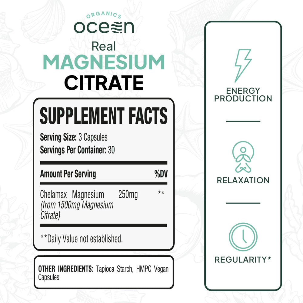 Organics Ocean Real Magnesium Citrate capsules pouring, symbolizing rapid absorption