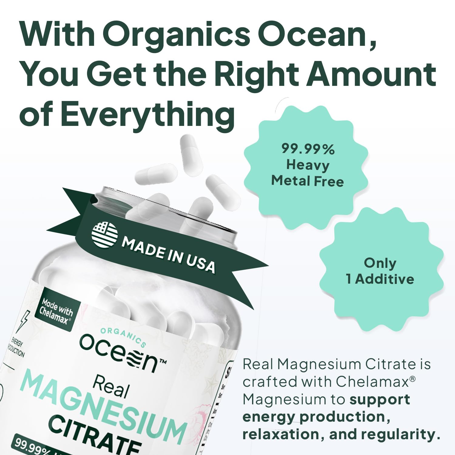 Close-up of Organics Ocean label highlighting chelated magnesium for rapid absorption