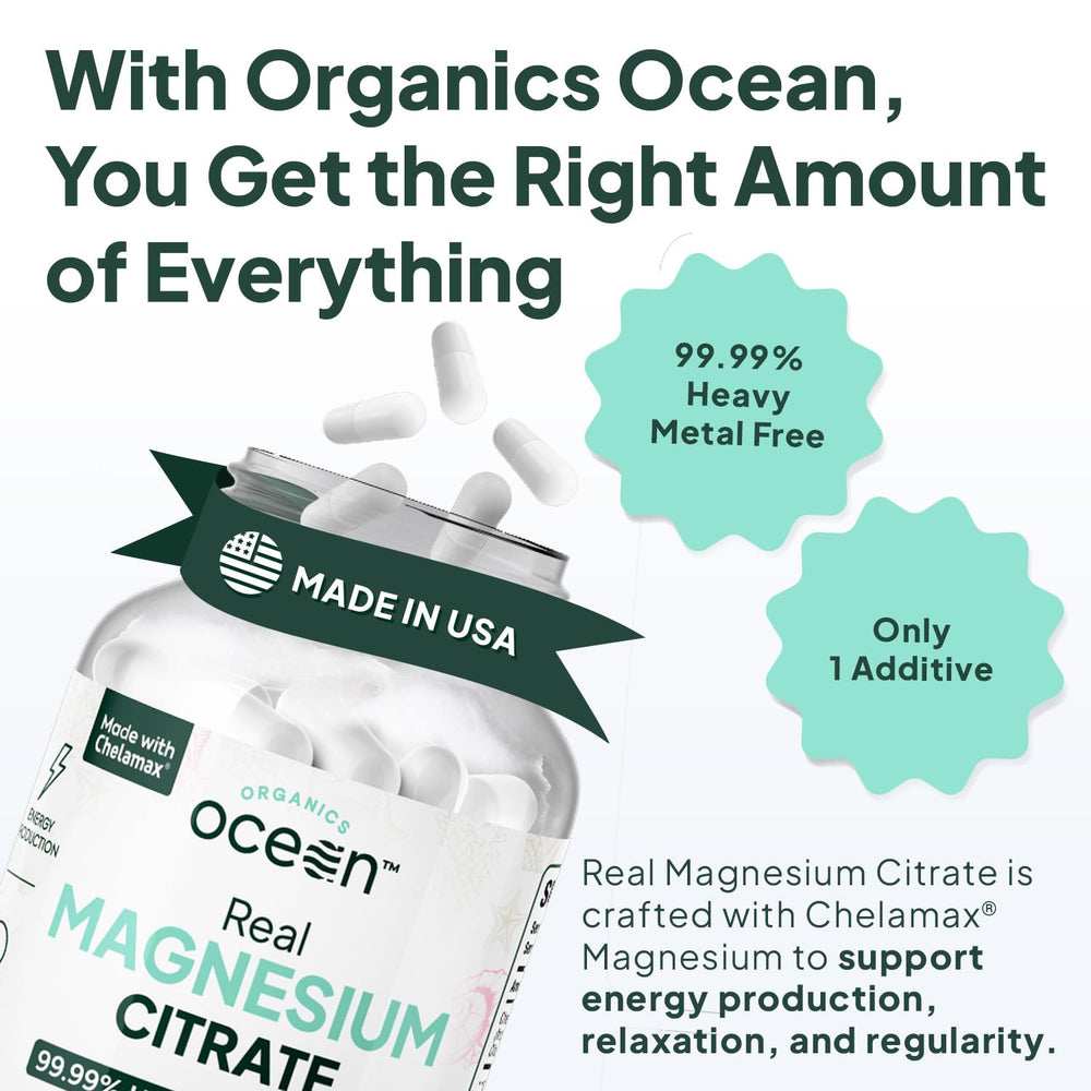 Close-up of Organics Ocean label highlighting chelated magnesium for rapid absorption