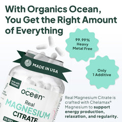 Close-up of Organics Ocean label highlighting chelated magnesium for rapid absorption