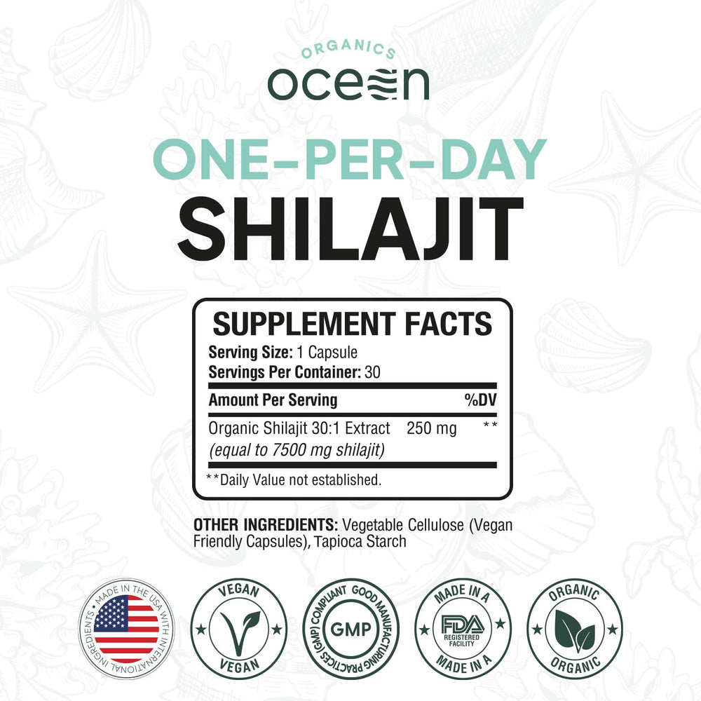 Organics Ocean Shilajit capsule closeup showing potency for daily wellness.