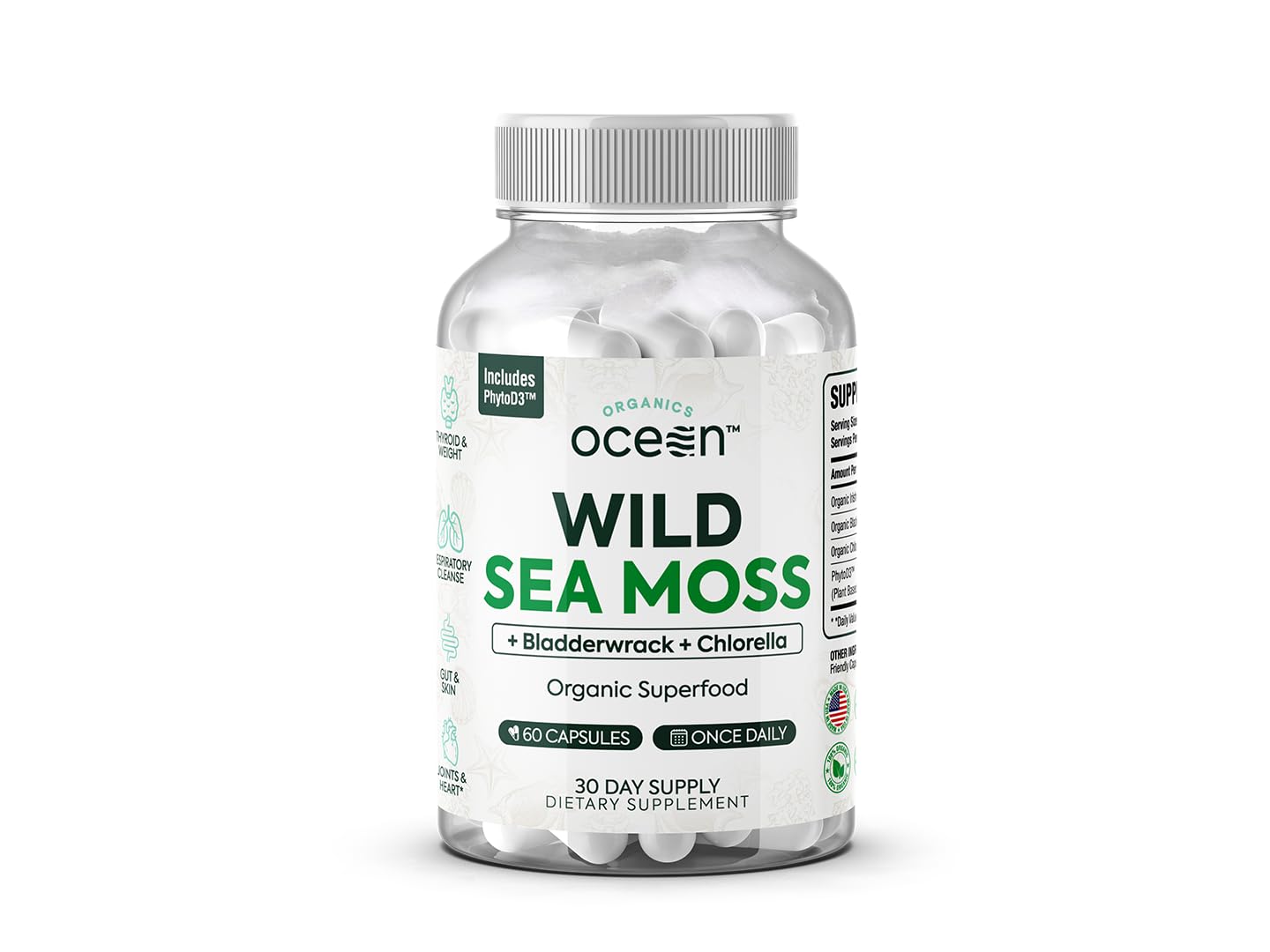 Organics Ocean Wild Sea Moss Capsules bottle for daily energy support.