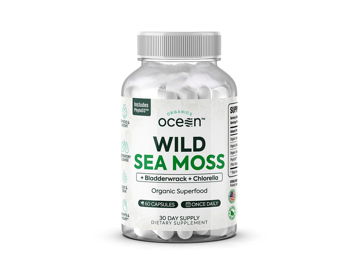 Organics Ocean Wild Sea Moss Capsules bottle for daily energy support.