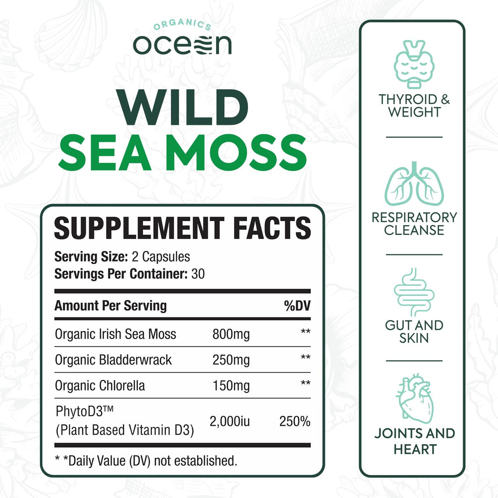 Organics Ocean sea moss capsules ingredients blend with bladderwrack and chlorella.