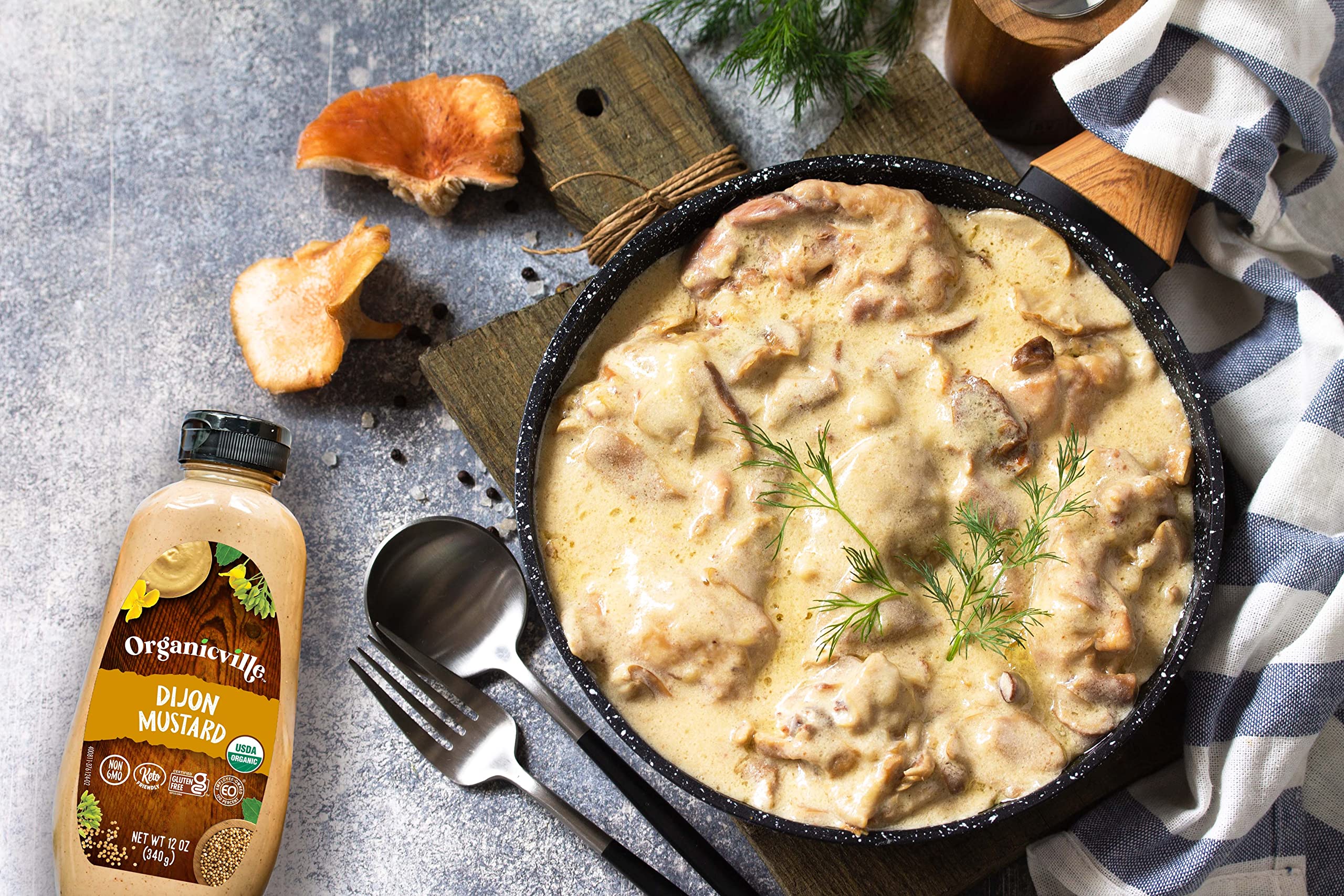 Organicville Dijon mustard ingredients scene emphasizes organic and gluten-free profile.