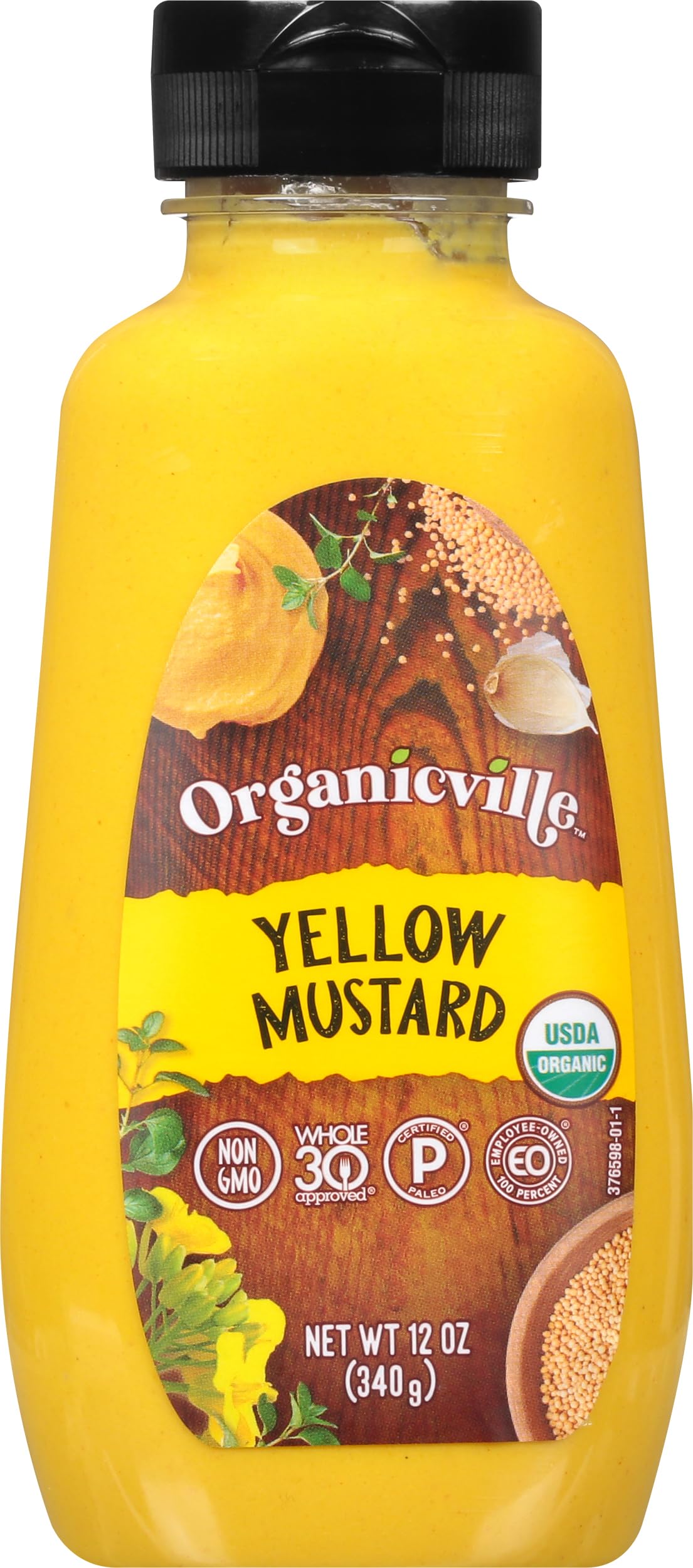 Organicville Yellow Mustard bottle-front view, perfect for sandwiches and keto-friendly meals.