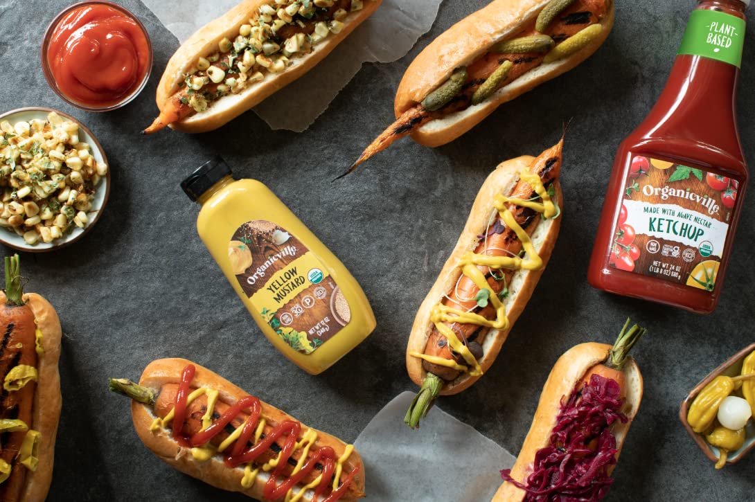 Organicville Yellow Mustard on a dipping plate showcases versatile condiment for snacks and burgers.