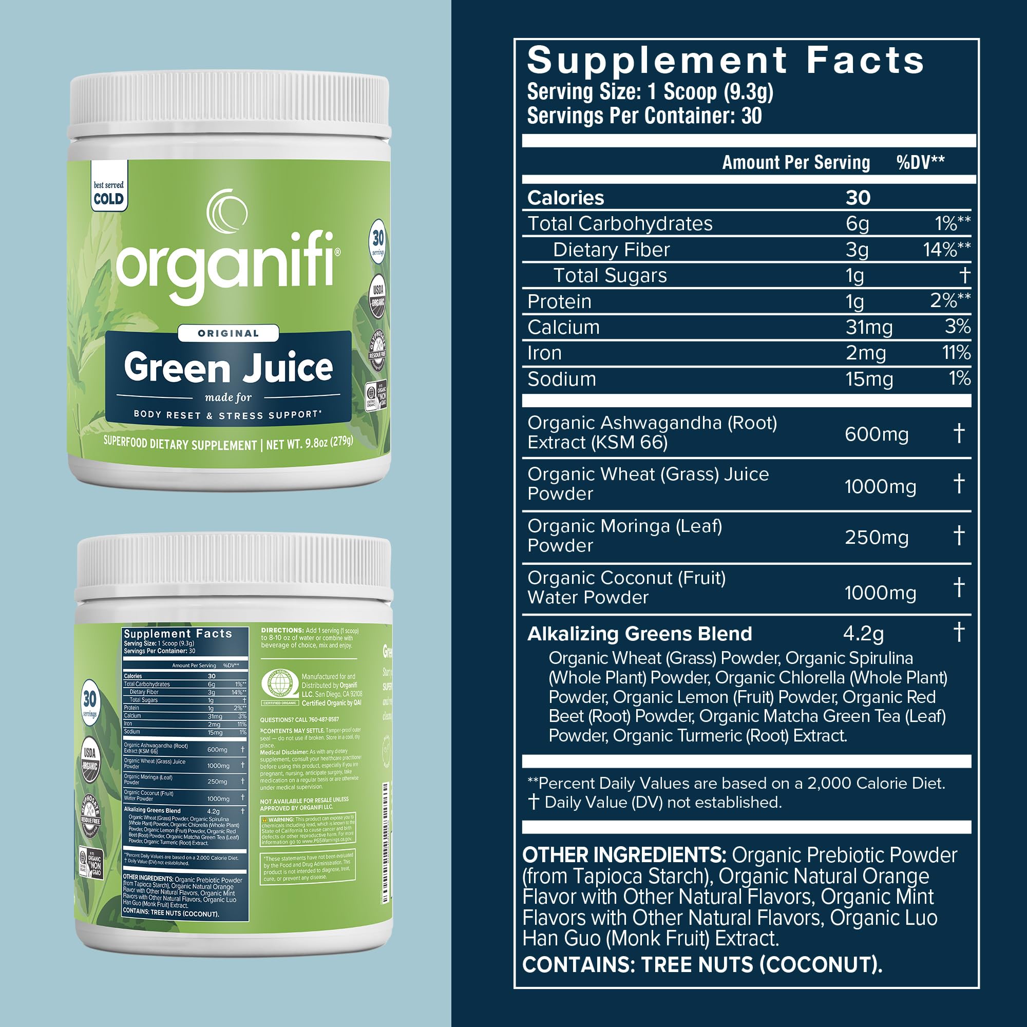 Organifi Green Juice powder scoop for morning energy.