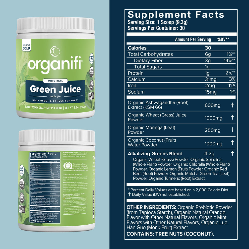 Organifi Green Juice powder scoop for morning energy.