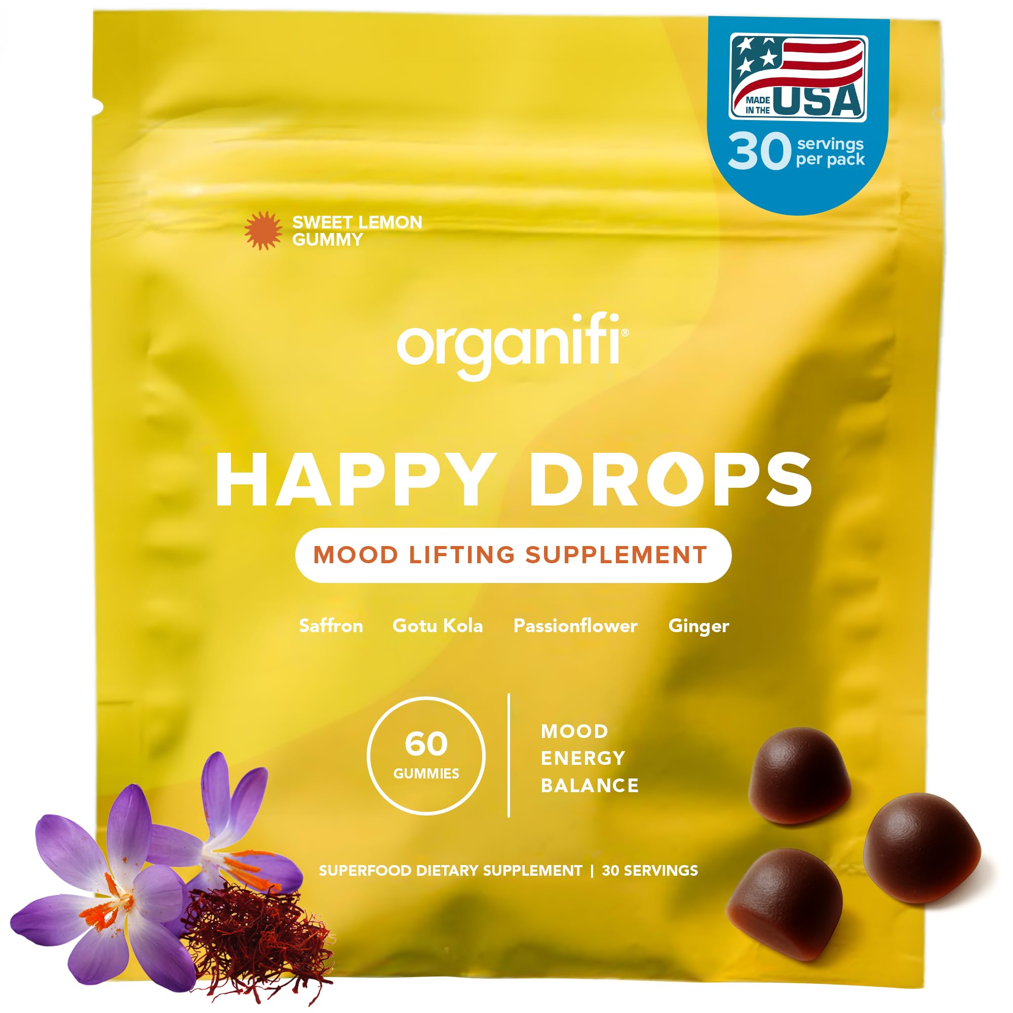 Organifi Happy Drops bottle offering daily mood support.