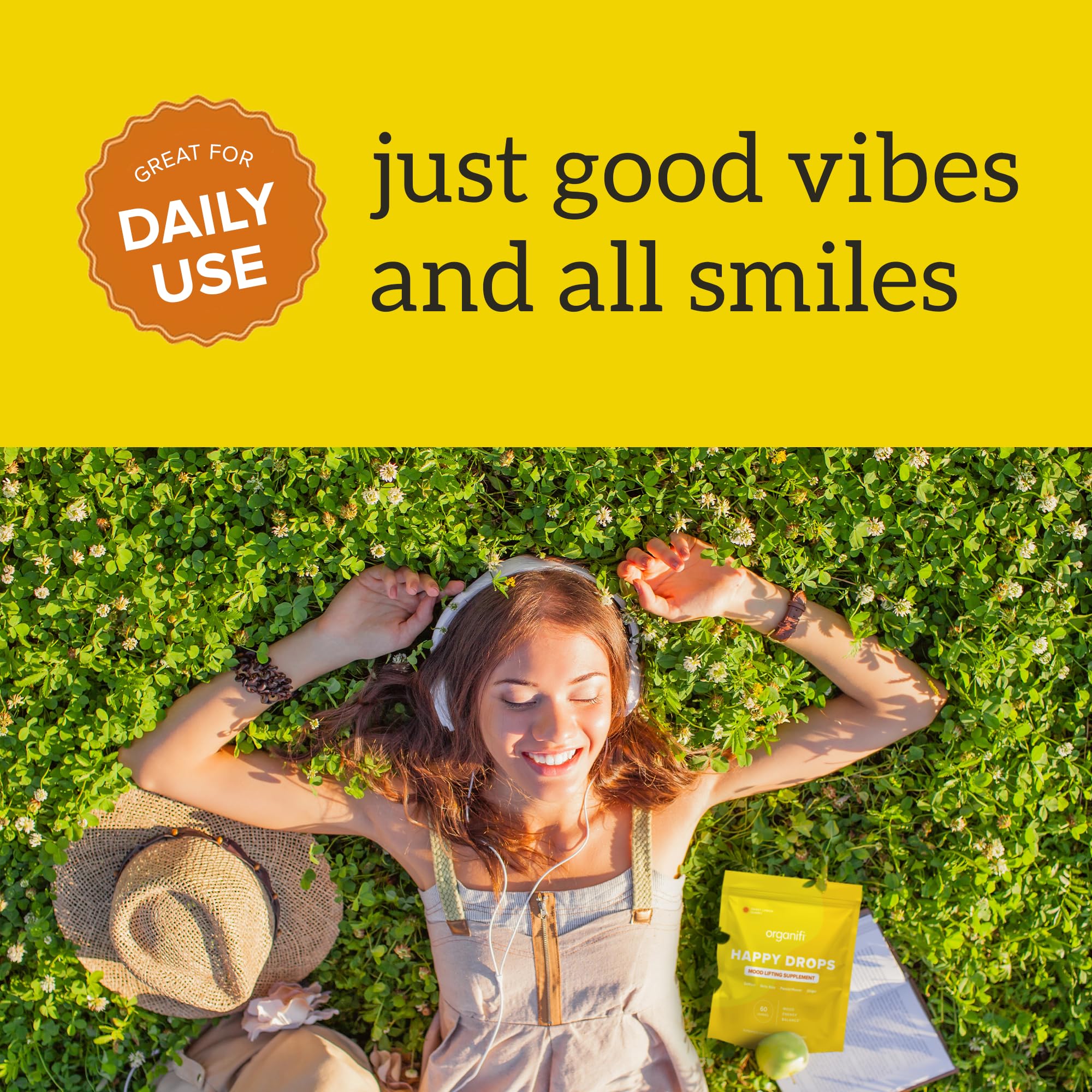 Organifi Happy Drops packaging shot emphasizes vegan benefits.